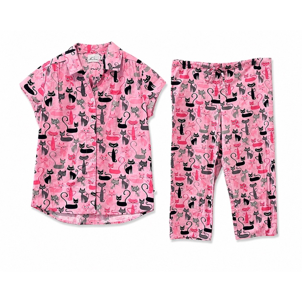 The Cat's Pajamas Set Womens XS Pink Cotton Cat Print 2pc Set Retro Loungewear